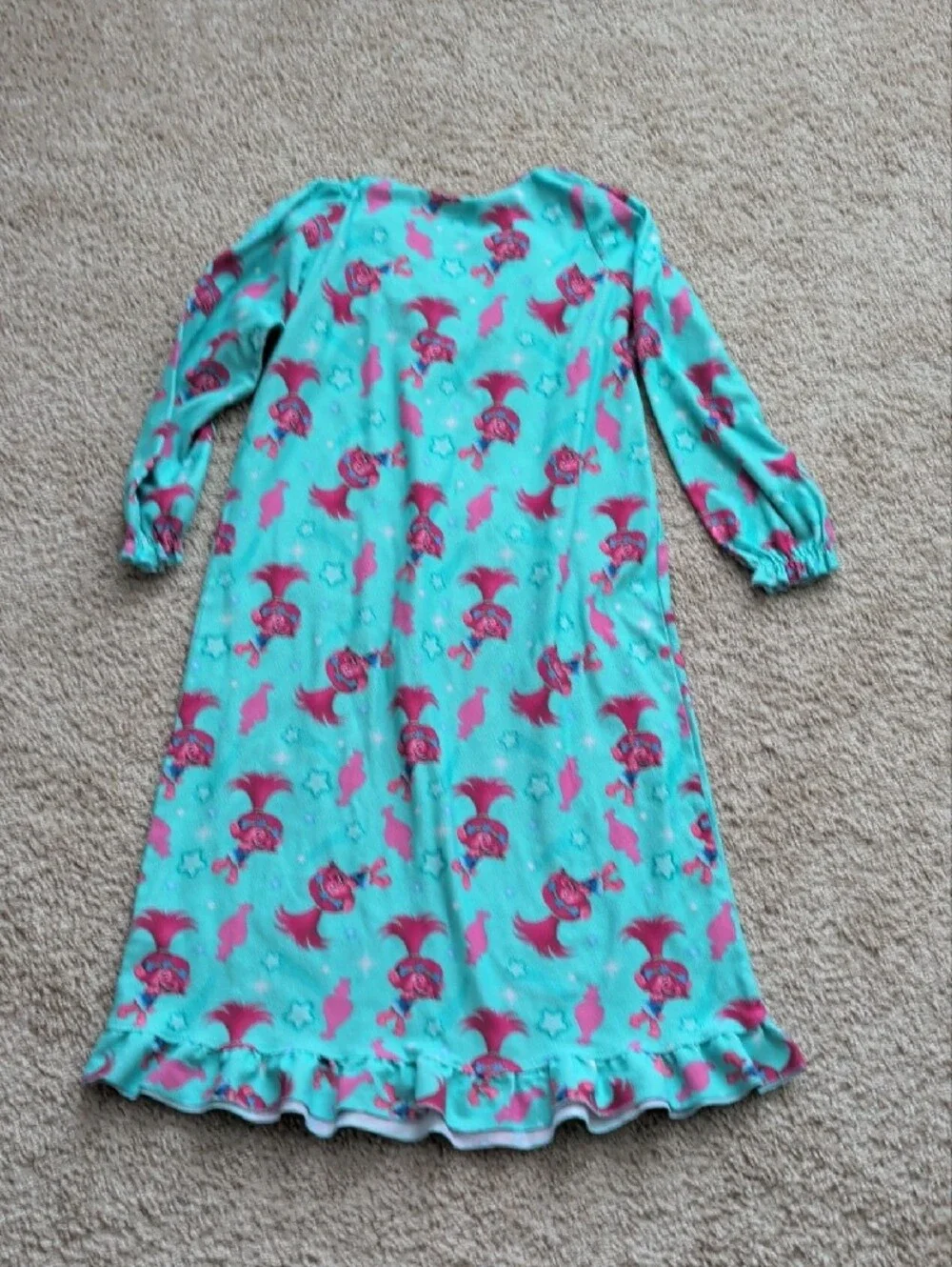 Trolls Aqua and Hot Pink Long Sleeve Girls Nightgown with Ruffle Hem